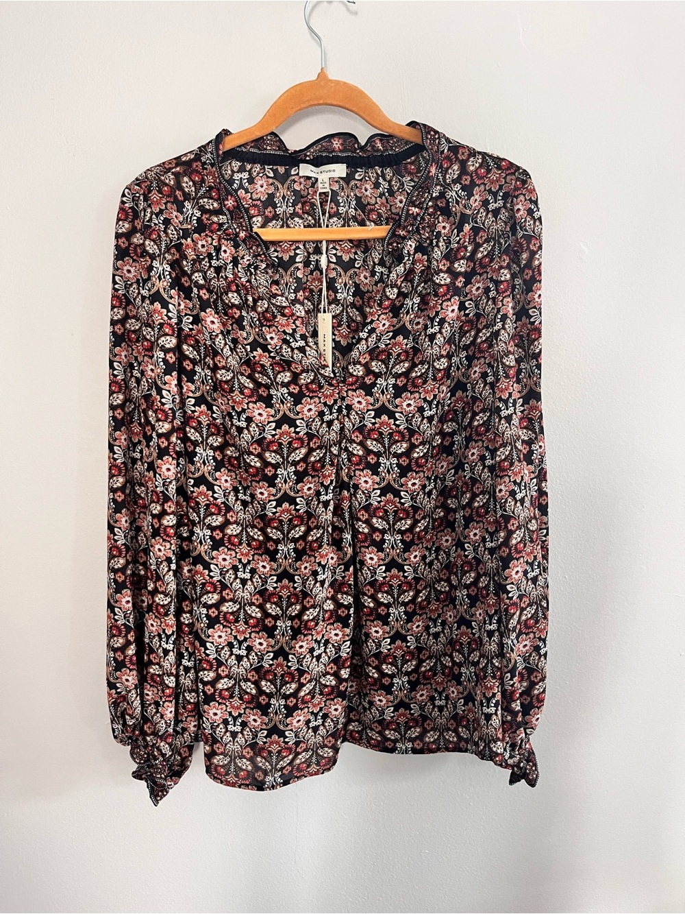 MAX STUDIO Floral Print Ruffle Neck Long Sleeve Blouse NWT